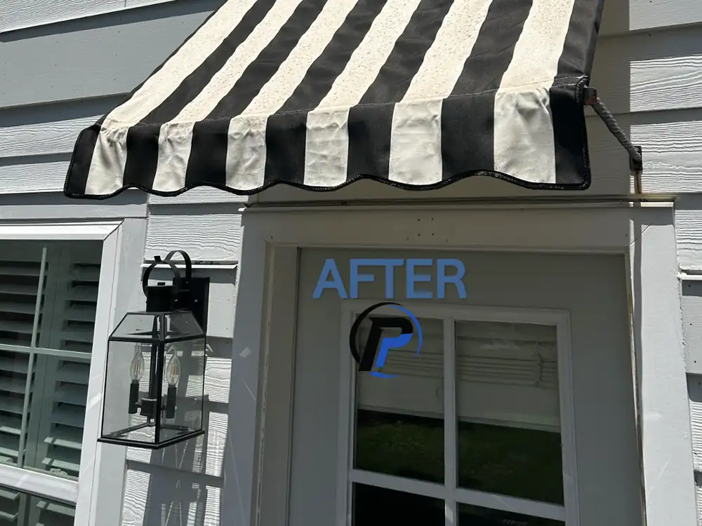 Striped canvas awning bright and clean after washing