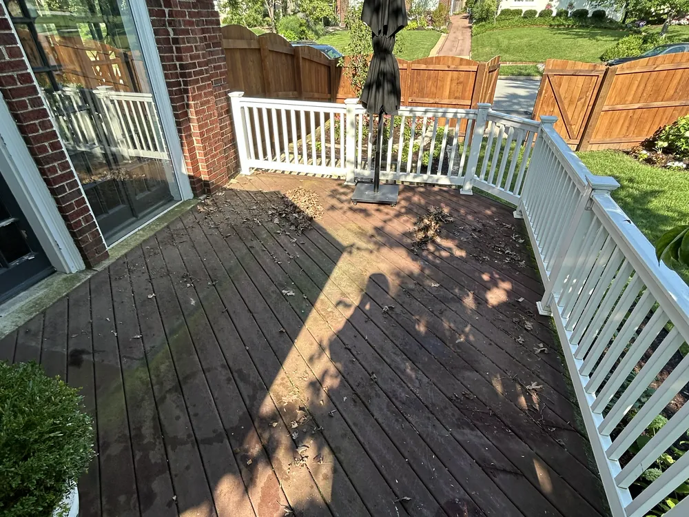 Wood deck covered in leaf debris and algae before cleaning