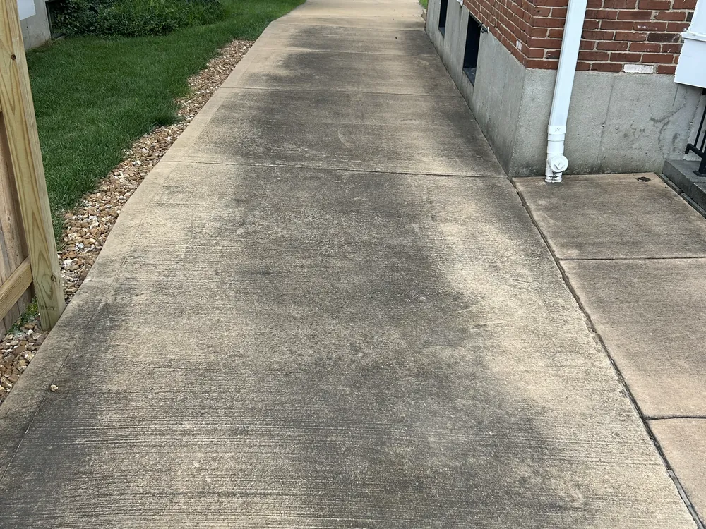 Concrete driveway darkened with dirt and organic staining before pressure washing