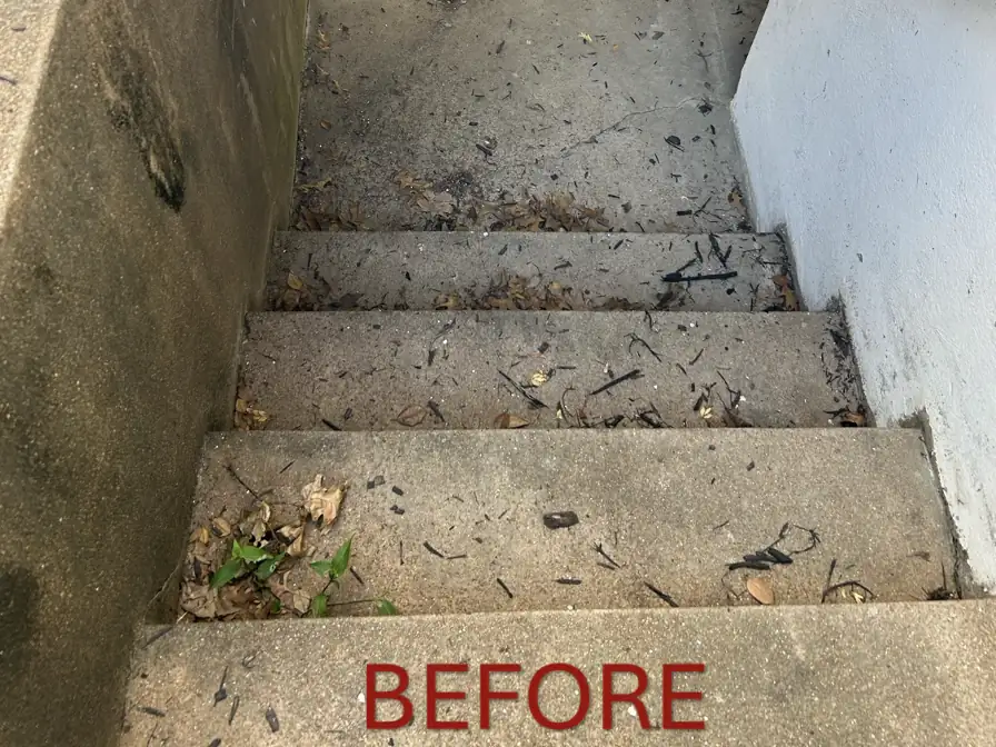 Grimy concrete steps before pressure washing