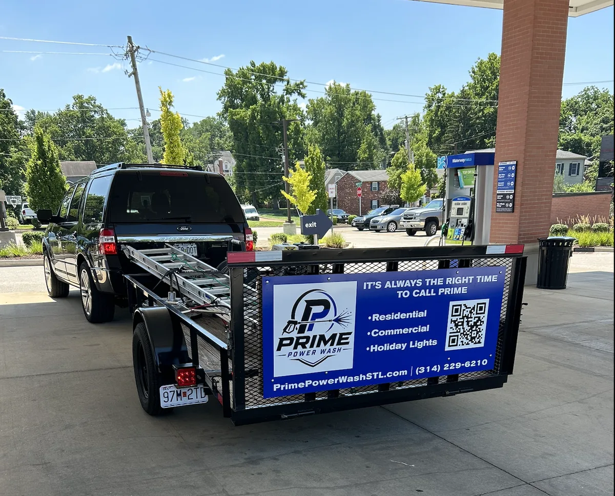 The Prime Power Wash truck and branded equipment trailer, serving the St. Louis area